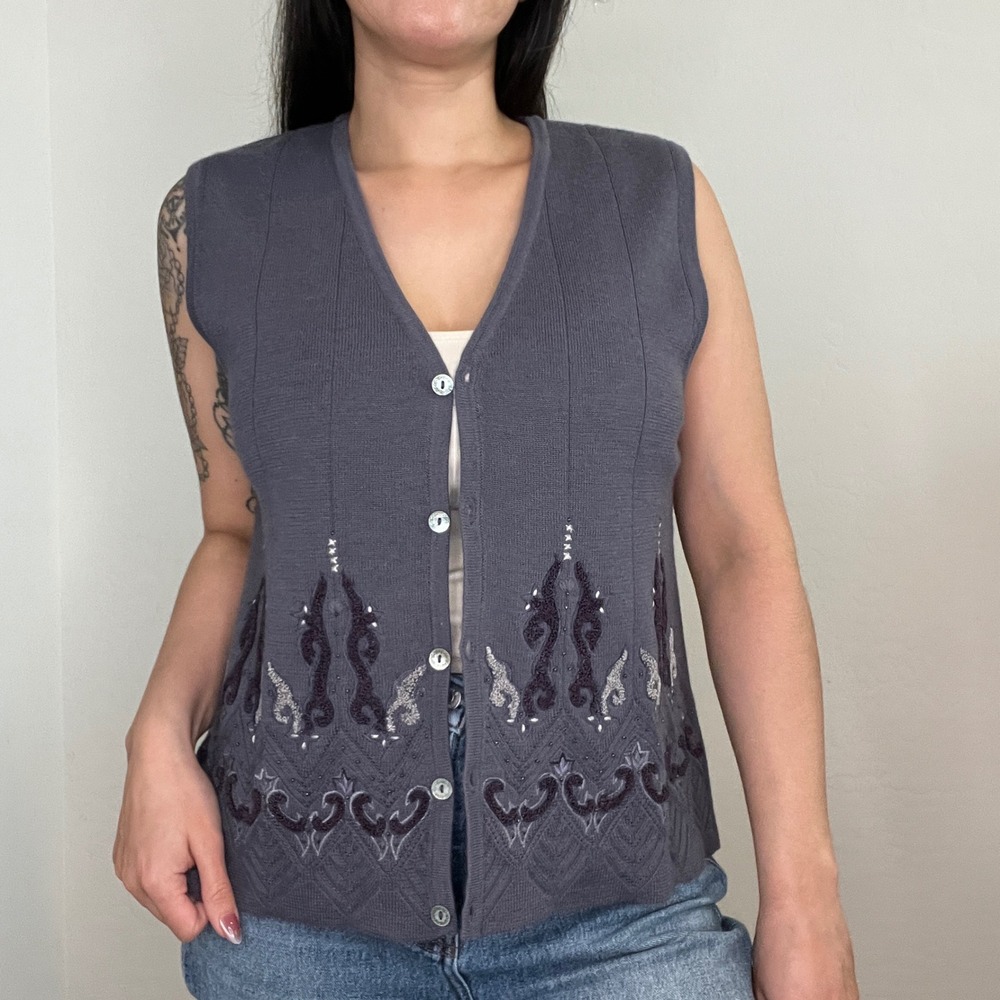 90s Koret‎ Petites Vintage Purple Embroidered Button Wool Blend Sweater Vest - Picture 3 of 11